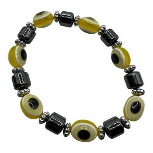 Yellow Evil Eye Stretch Bracelet with Black & Silver Beads – Unisex